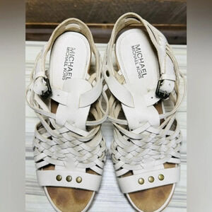 Michael Kors Studded Woven platform beige wood chunky strap US6.5 leather boho